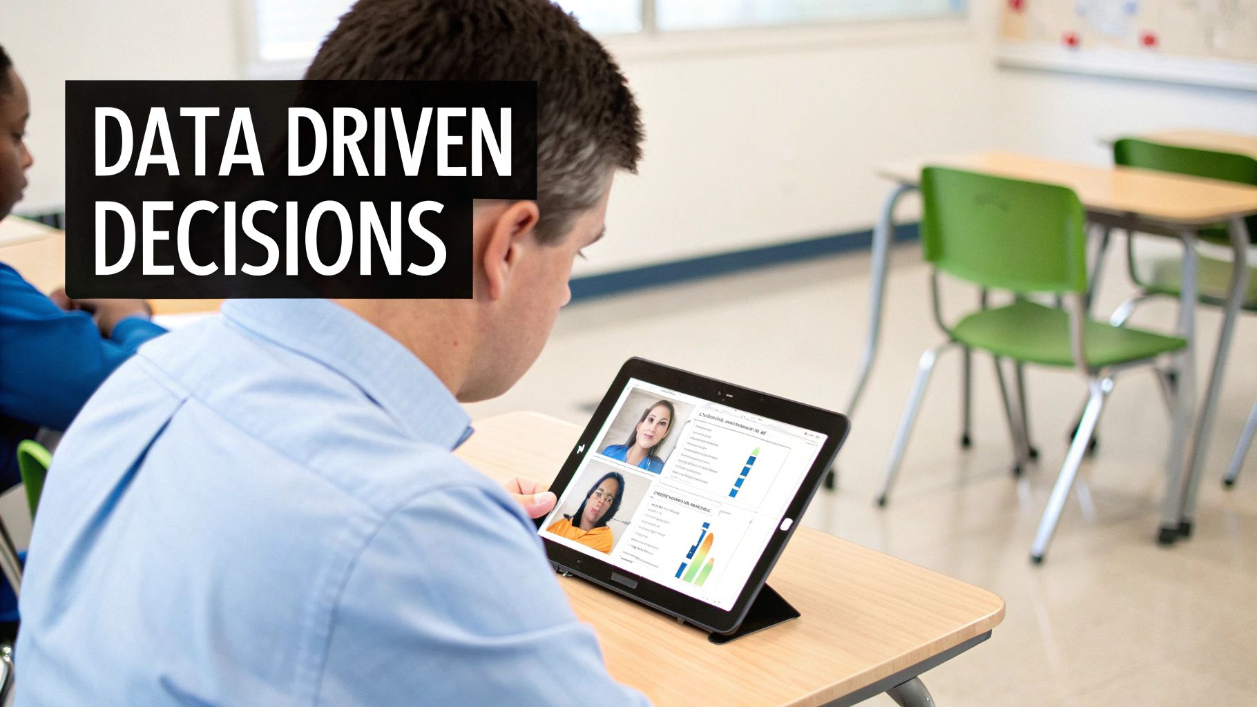 A student in a classroom uses a tablet to review data and student profiles, making data-driven decisions.
