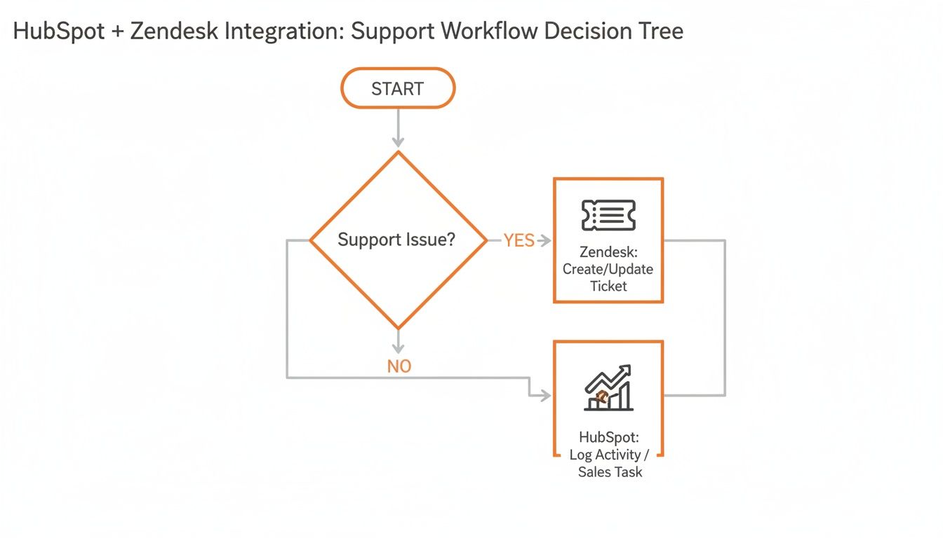 A flowchart detailing a support workflow decision tree for HubSpot and Zendesk integration.