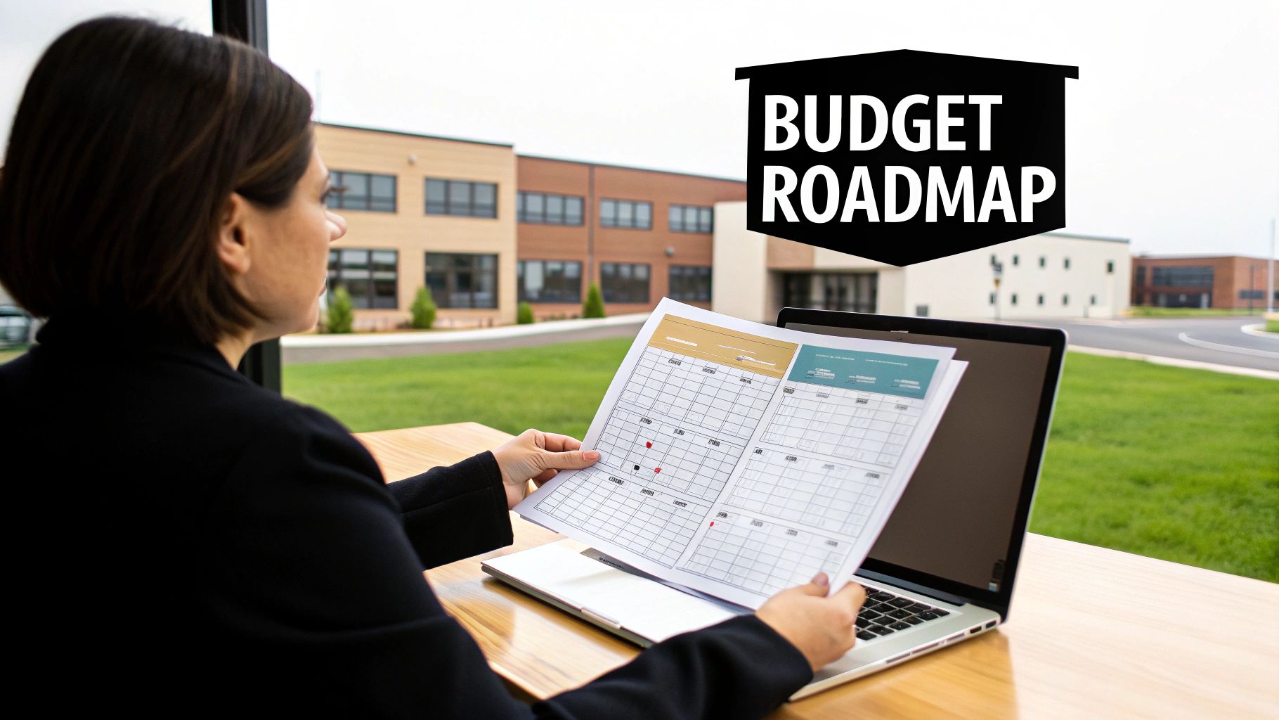 Professional woman reviews a budget roadmap document on a laptop overlooking modern school buildings.