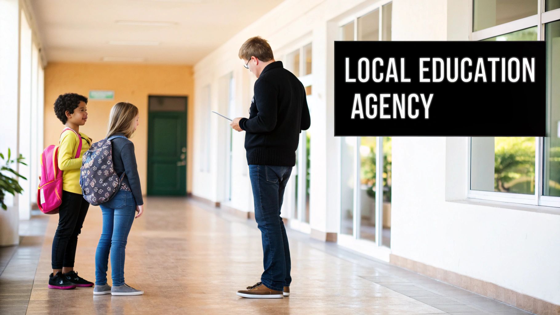 A man interacts with two young students with backpacks in a school hallway, representing a Local Education Agency.