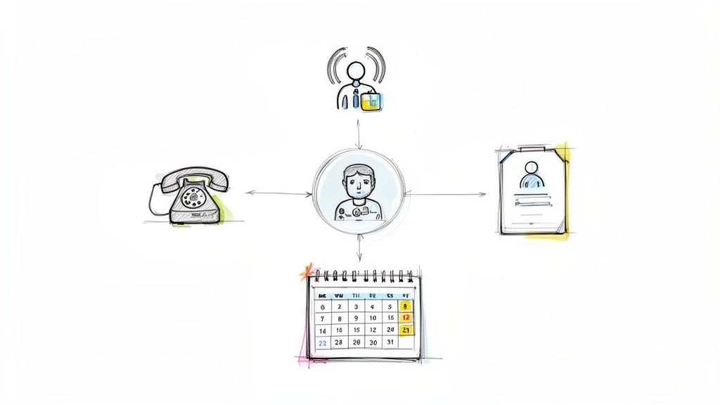 A hand-drawn diagram showing a central person connected to a phone, a virtual communicator, a document, and a calendar, illustrating workflow.