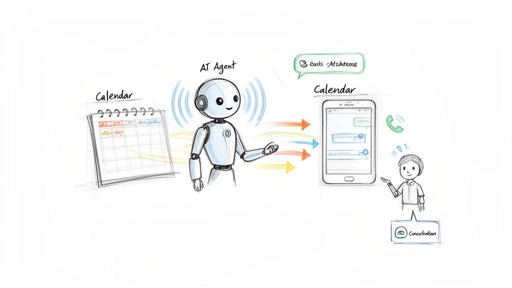 A diagram illustrates an AI agent interacting with a calendar, mobile phone, and a person for scheduling.