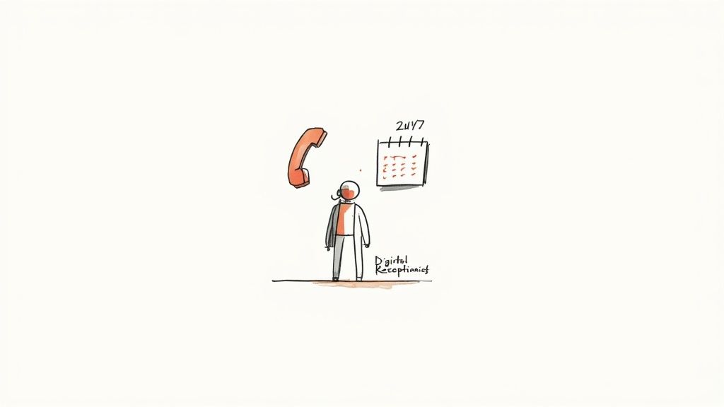 A stick figure stands between a phone receiver and a 24/7 calendar, labeled 'Digital Receptionist'.