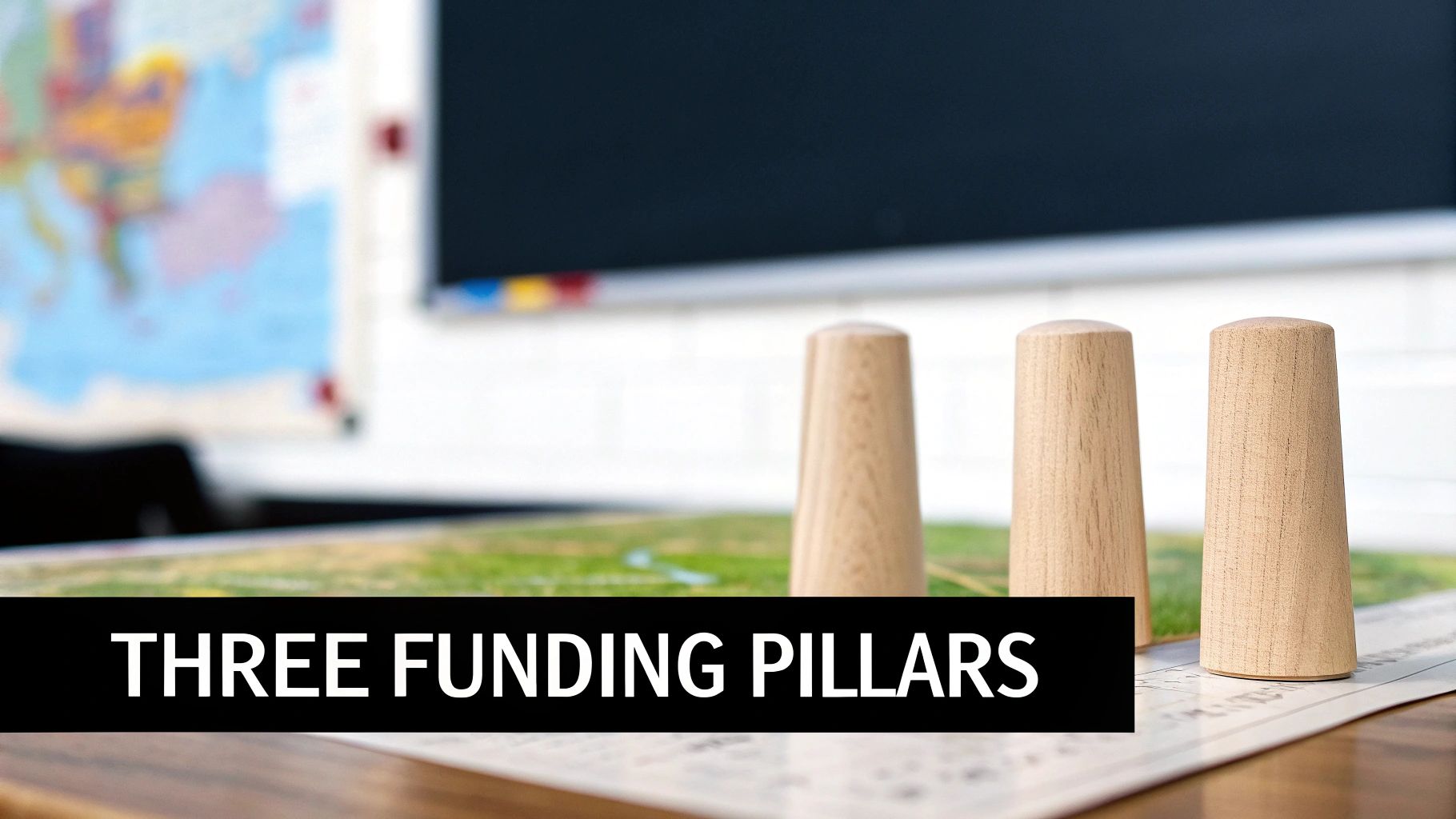 Three wooden pillars standing on a table with a map, next to text 'THREE FUNDING PILLARS'.
