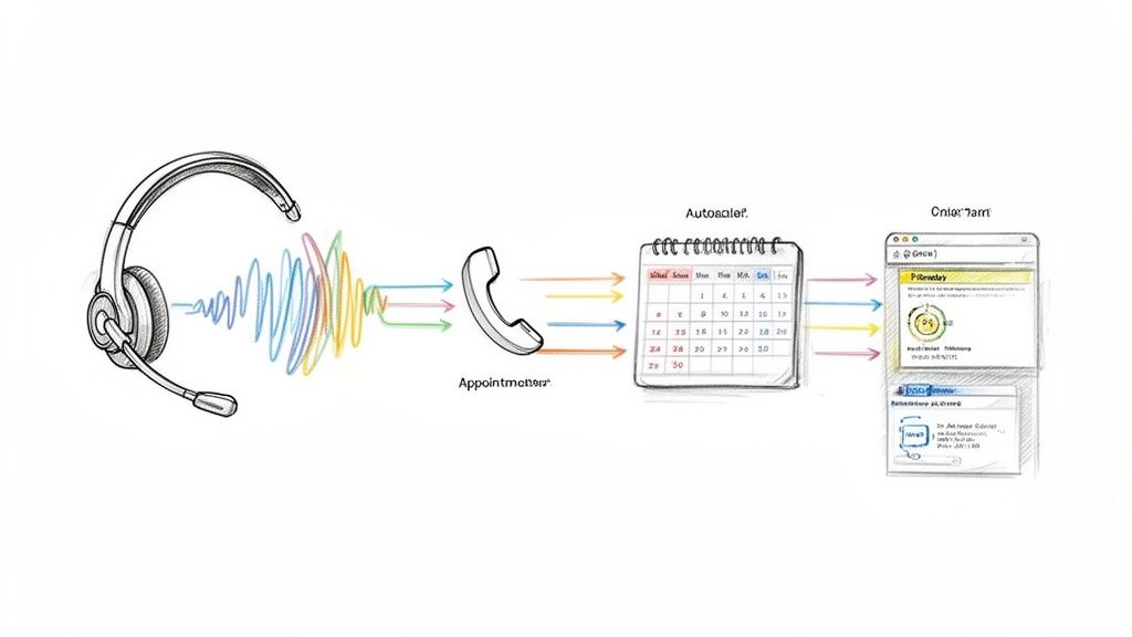 Diagram illustrating an automated call processing flow, from headset input to calendar scheduling and system updates.