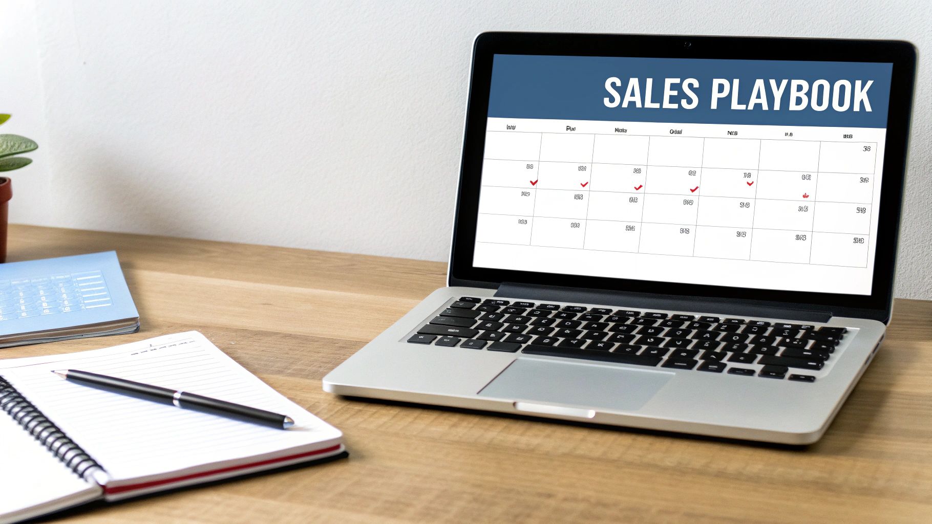 A laptop screen displays 'SALES PLAYBOOK' with a calendar, next to an open notebook and pen on a wooden desk.