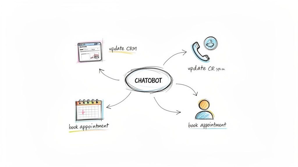 A hand-drawn diagram illustrating a chatbot's integration with CRM, phone calls, and appointment scheduling.