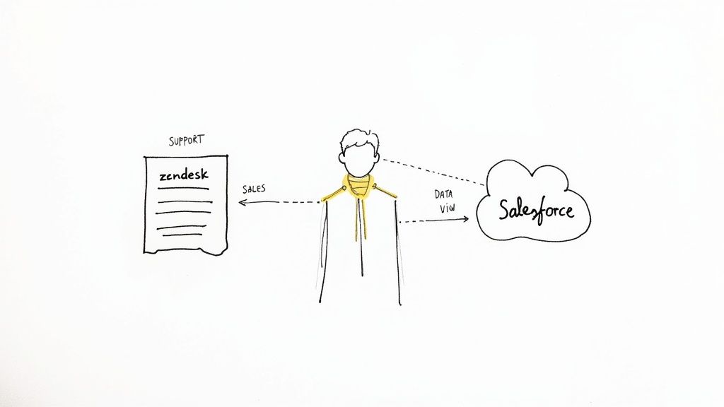 Diagram illustrating a person connecting Zendesk support with Salesforce data view and sales information.