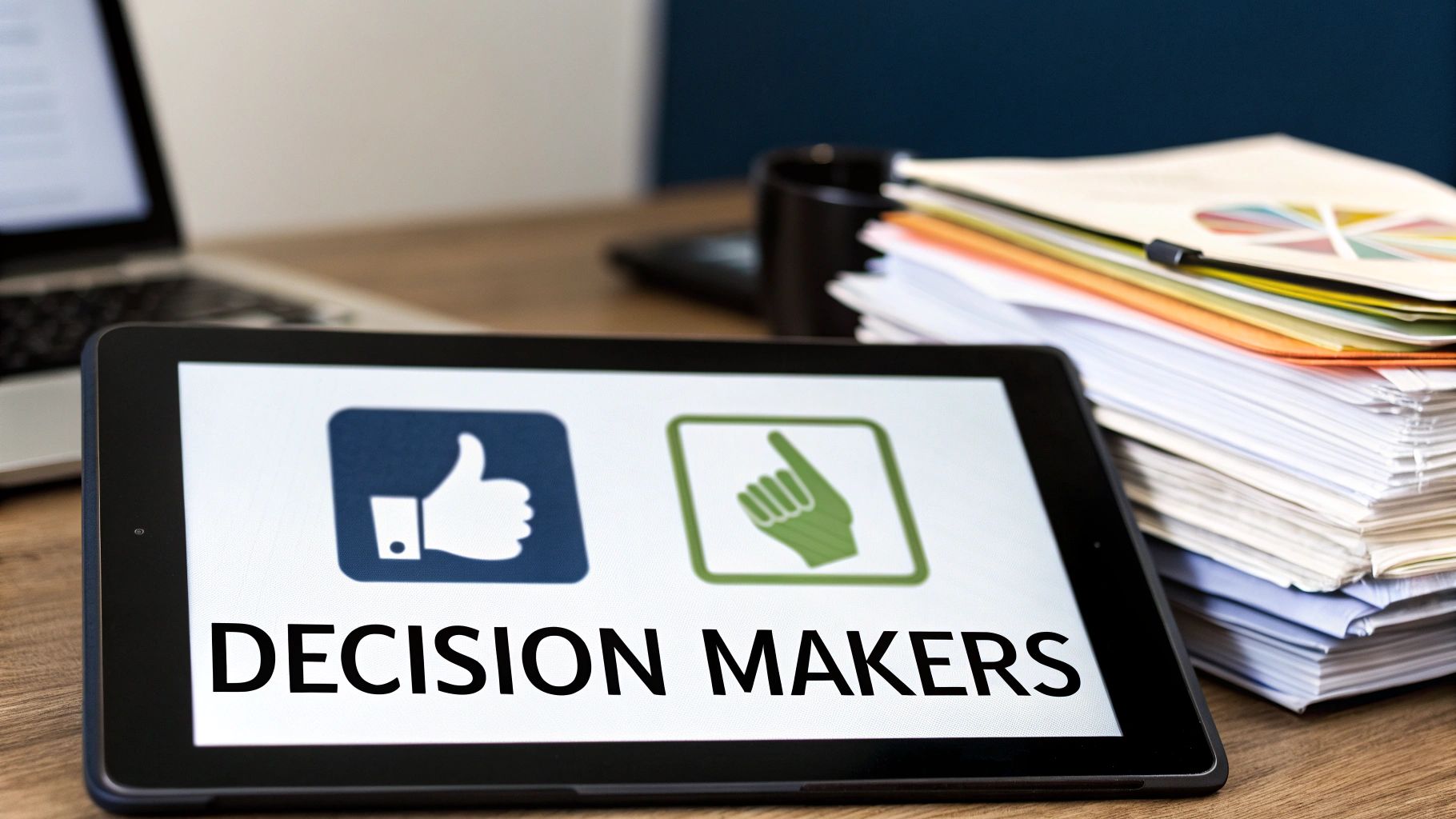 Tablet screen displaying 'DECISION MAKERS' text with thumbs-up and pointing finger icons, alongside office documents.