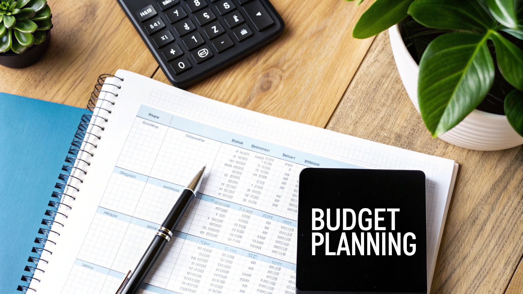 Overhead view of a desk with a notebook, pen, calculator, plants, and a notepad saying 'BUDGET PLANNING'.