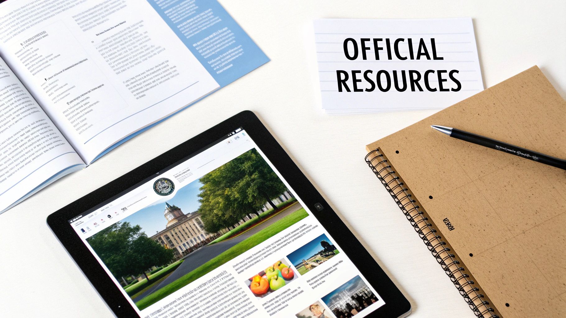 A tablet, open booklet, and notebook with a pen on a white desk, next to 'OFFICIAL RESOURCES' cards.