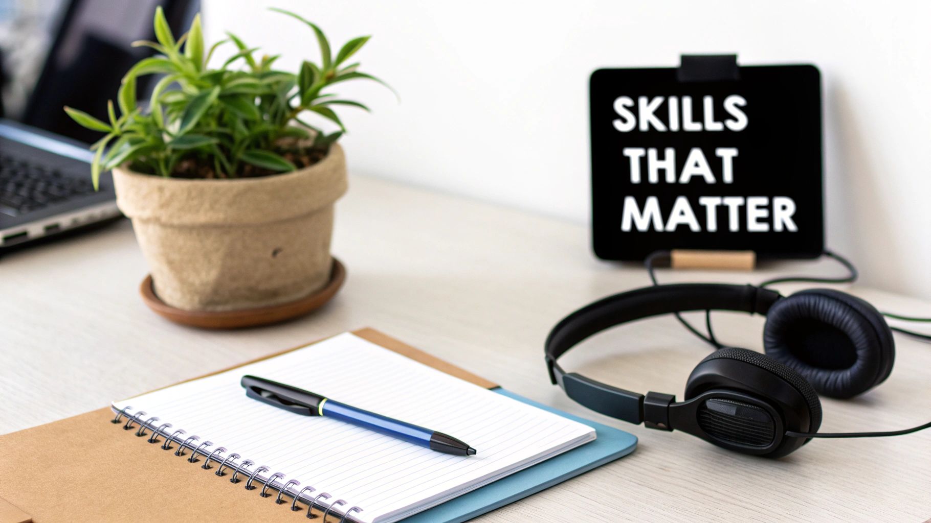 A tidy desk setup with a laptop, potted plant, notebook, pen, headphones, and a 'Skills That Matter' sign.