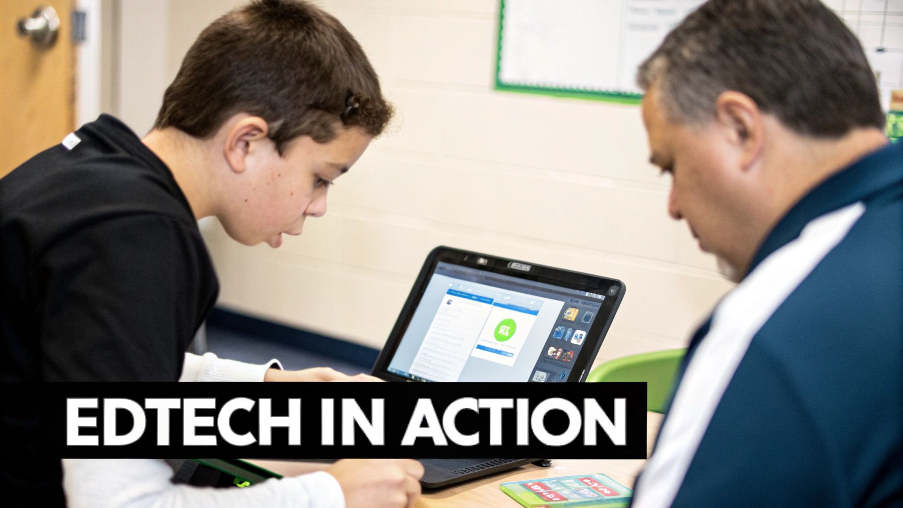 A student and an adult collaboratively use a laptop for learning in a classroom setting.