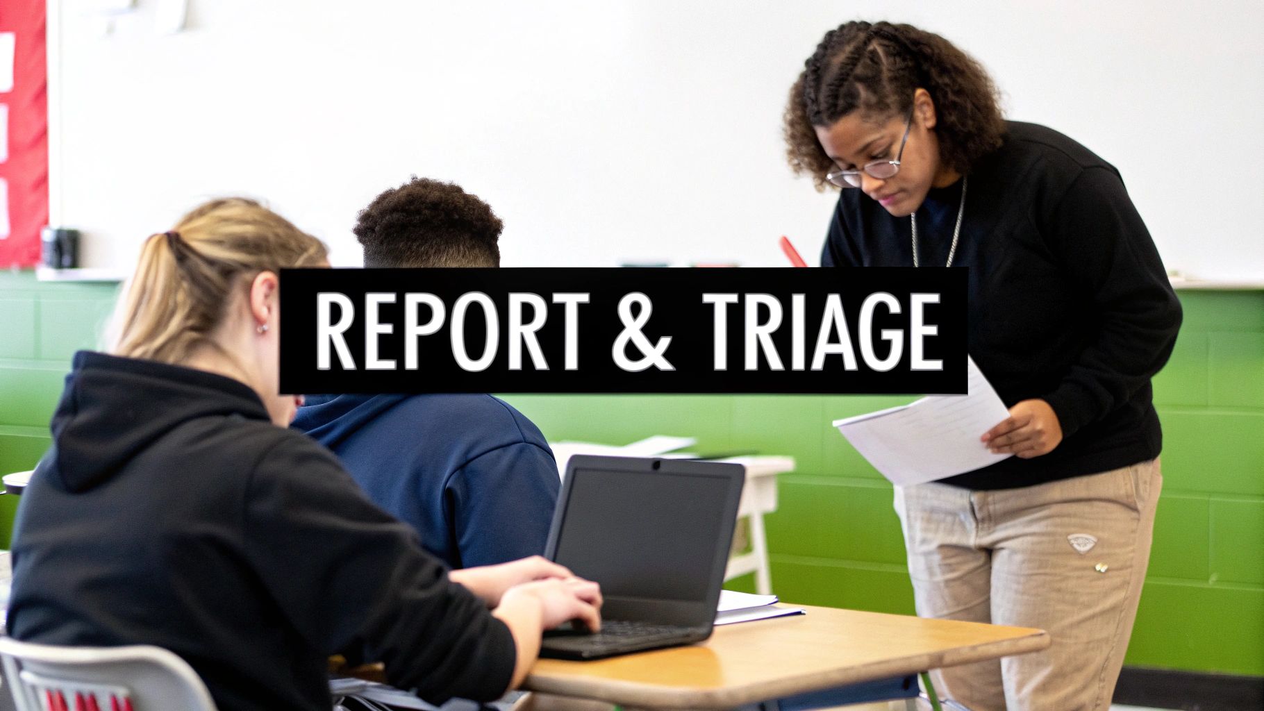 Students learning in a classroom with a laptop and 'REPORT & TRIAGE' text overlay.