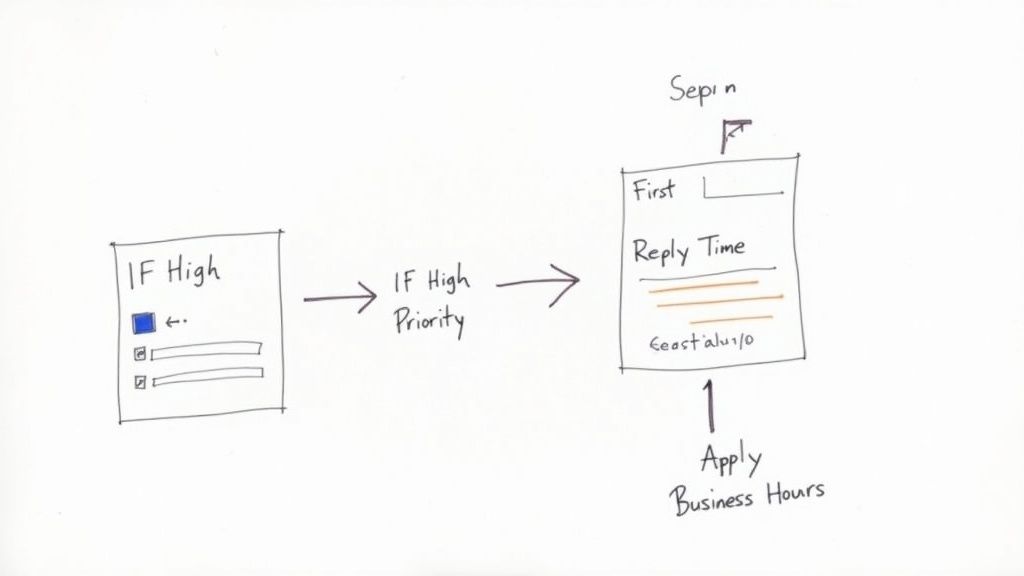 Hand-drawn diagram illustrating a workflow for high priority cases, showing reply time and business hours logic.