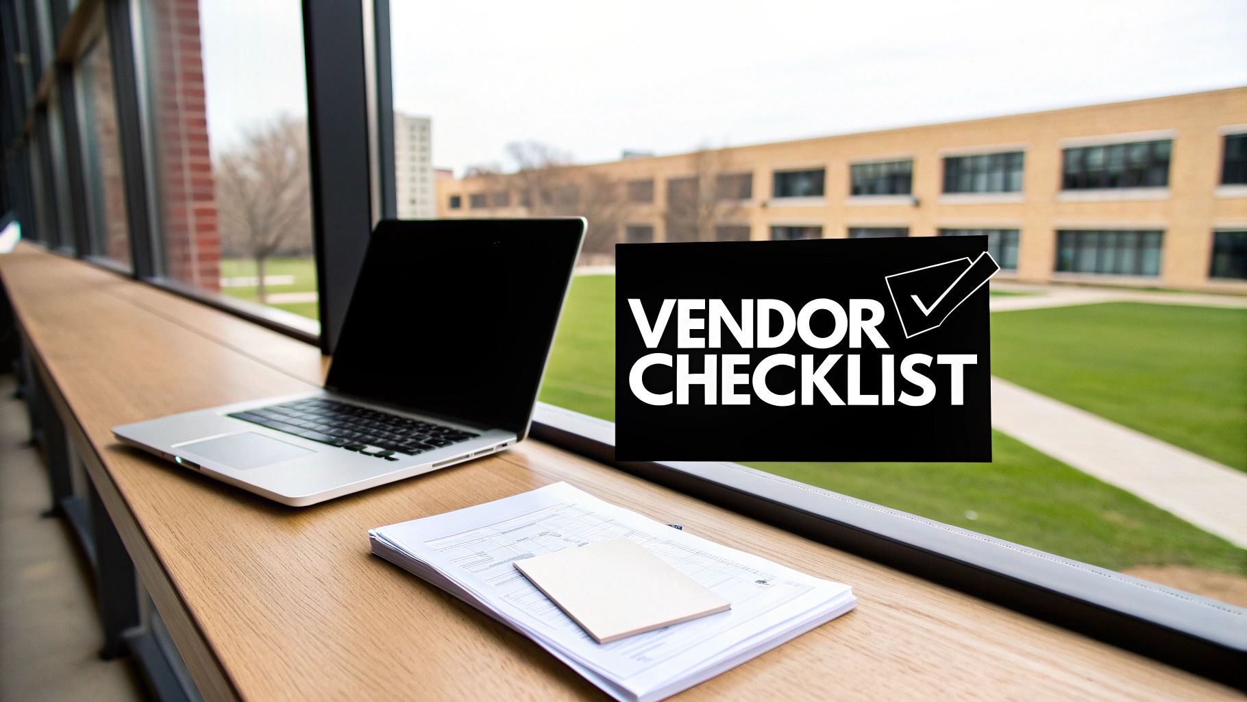 A laptop and documents on a wooden counter, next to a window overlooking a building, with a 'VENDOR CHECKLIST' sign.