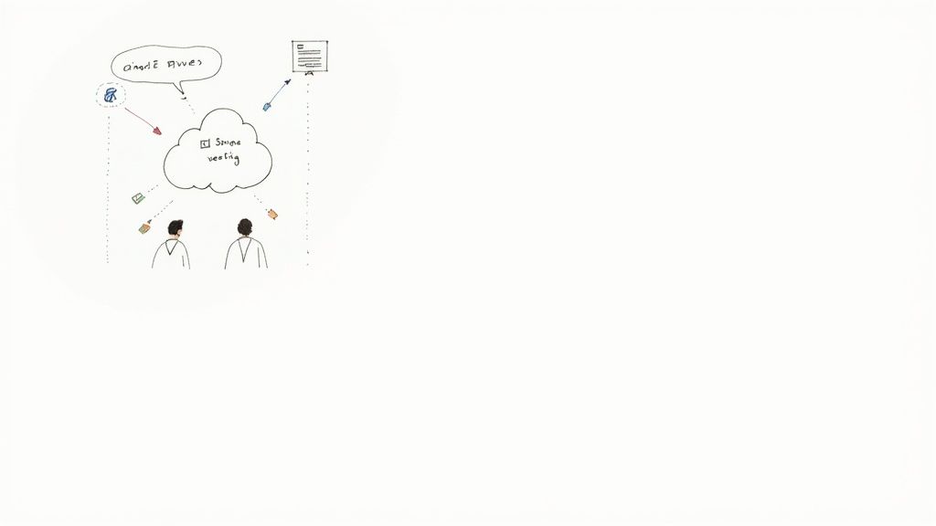 Conceptual diagram showing two people using a cloud service to collaborate on documents and tasks.