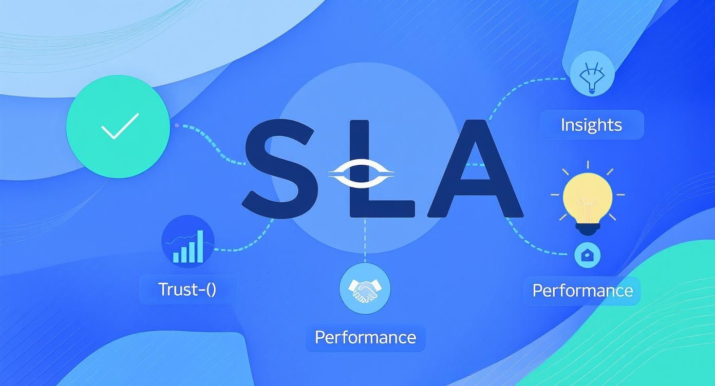 A conceptual diagram centered on 'SLA' with surrounding elements for trust, performance, and insights.