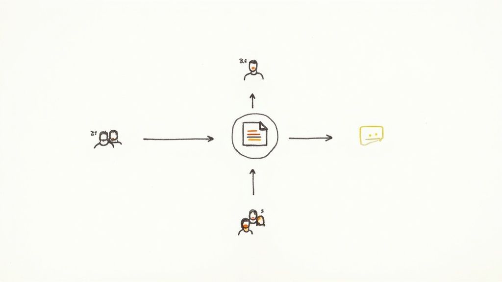 Hand-drawn diagram depicting a central document integrated with user groups and a chat application.