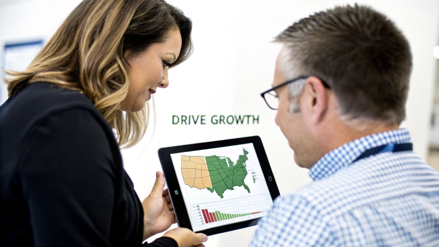 Two professionals review data on a tablet displaying a US map and charts to drive growth.