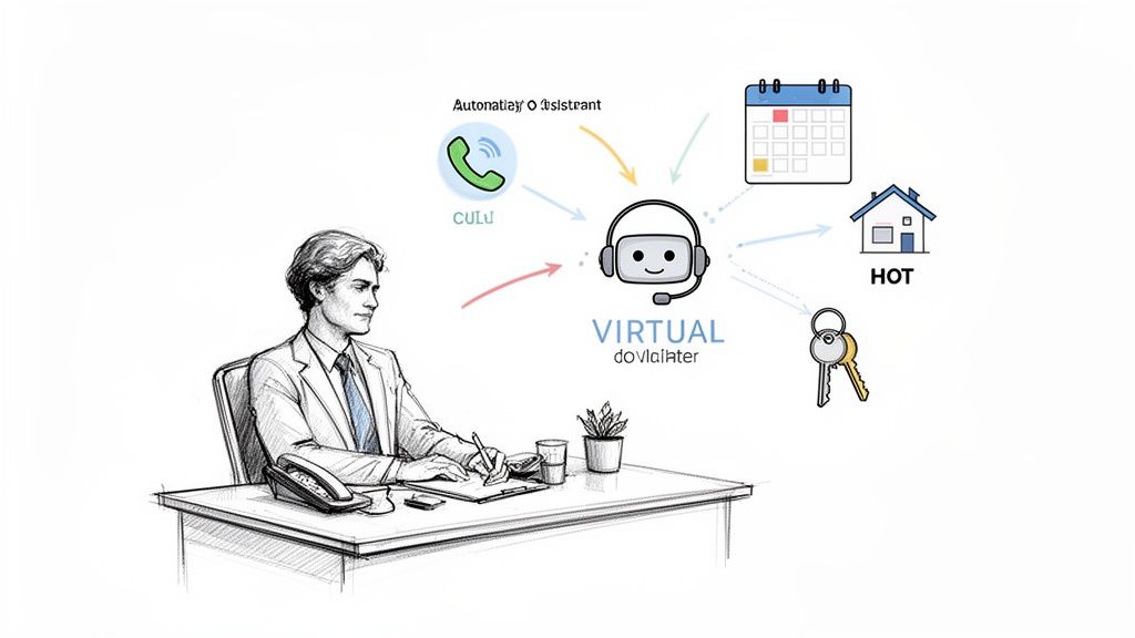 A real estate agent at a desk, with a diagram of a virtual assistant managing calls, calendar, properties, and keys.