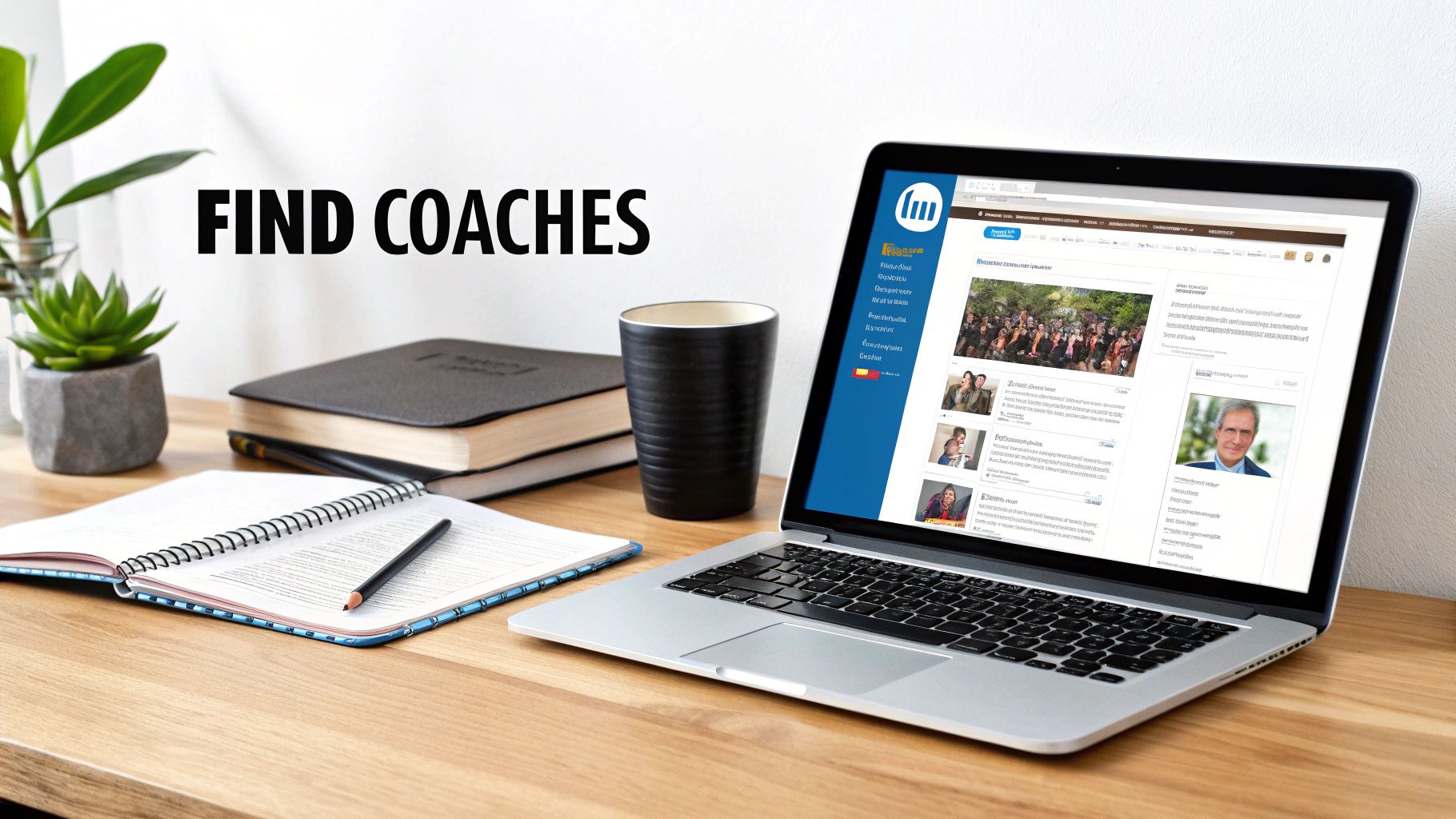 A desk setup with a laptop showing a coaching website, an open notebook, books, and plants, with text 'FIND COACHES'.