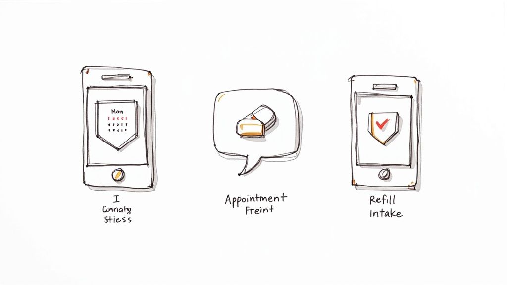 Hand-drawn icons illustrating mobile app features for appointments, medication reminders, and prescription refills.