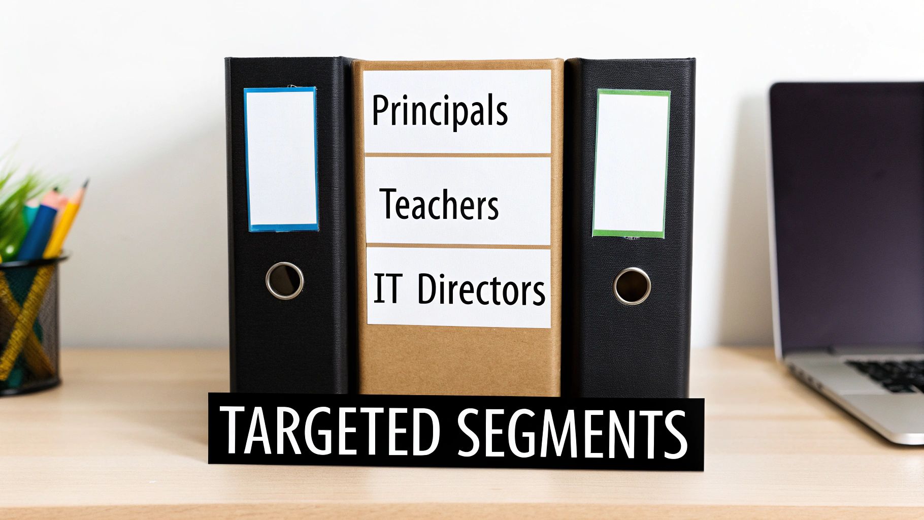 Three binders on a desk, one labeled 'Principals, Teachers, IT Directors', showing targeted segments.