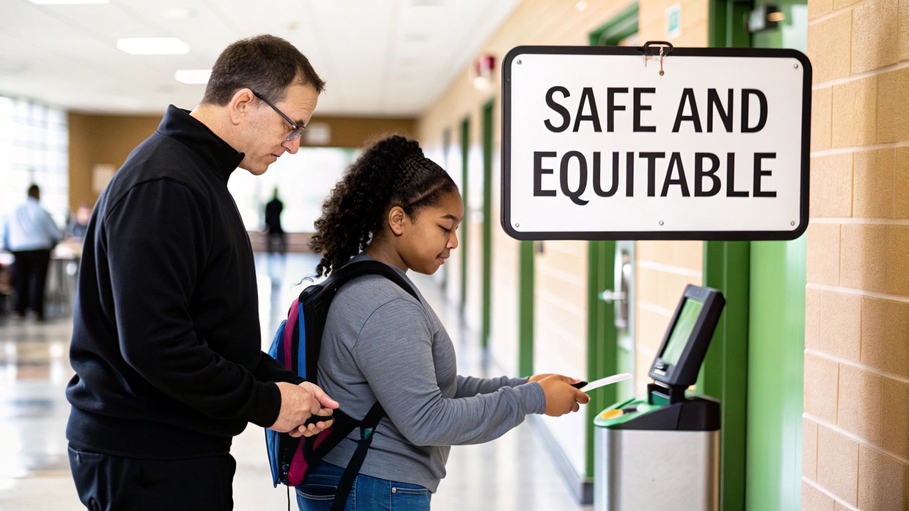 A student checks in at a school entrance with an adult, under a 'Safe and Equitable' sign.