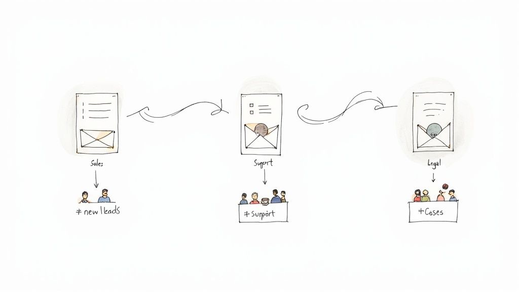 A workflow diagram showing emails flowing from Sales to Support to Legal departments, tracking leads, support, and cases.