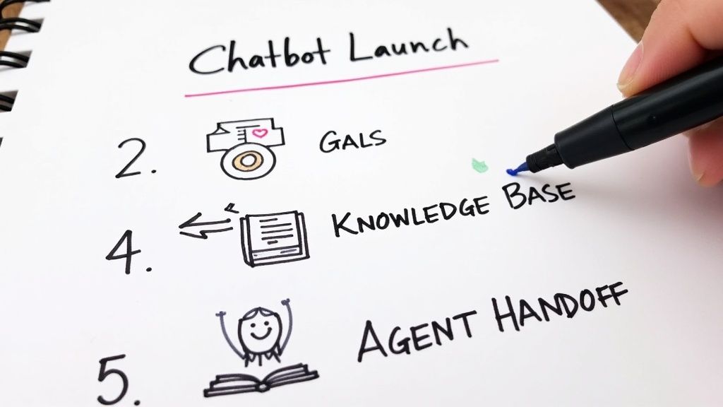 A hand writes a Chatbot Launch plan with items like Gals, Knowledge Base, and Agent Handoff.
