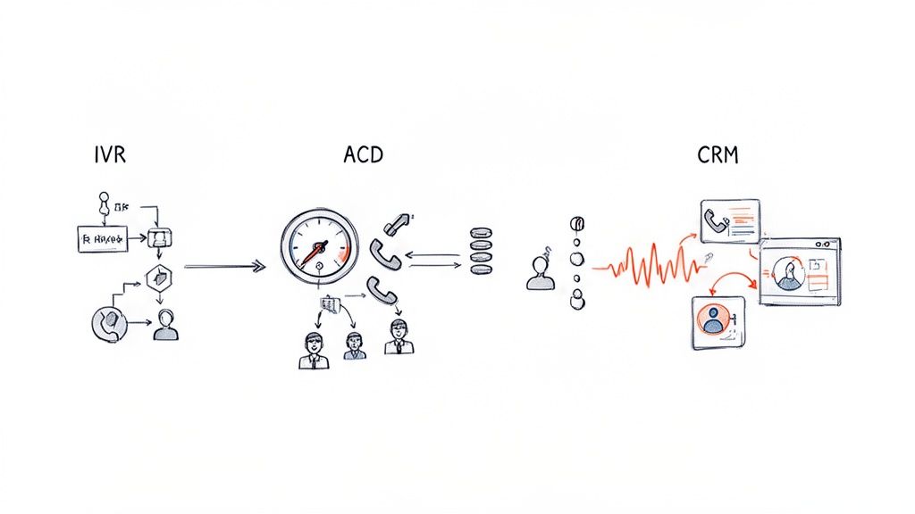 Diagram showing the inbound call management flow from IVR and ACD to agent interaction with CRM.