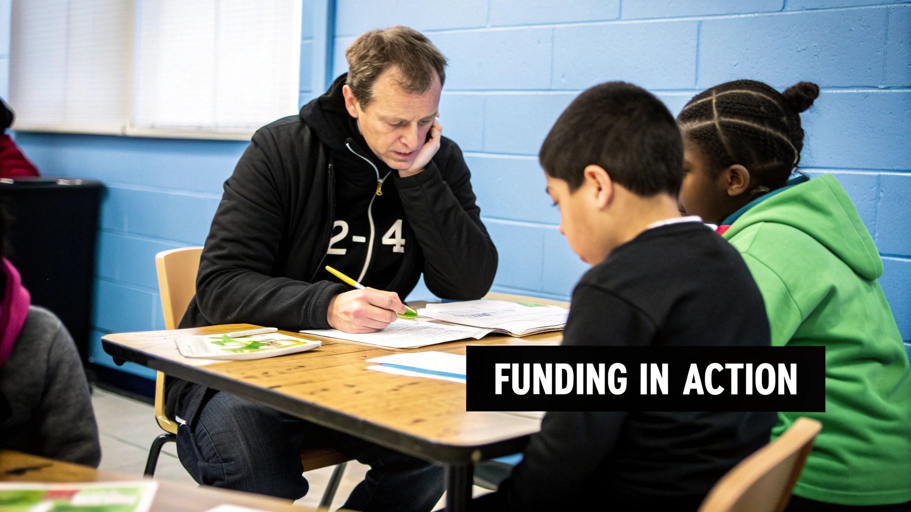 A man in a black hoodie teaches two young children at a table in a classroom, with text 'FUNDING IN ACTION'.