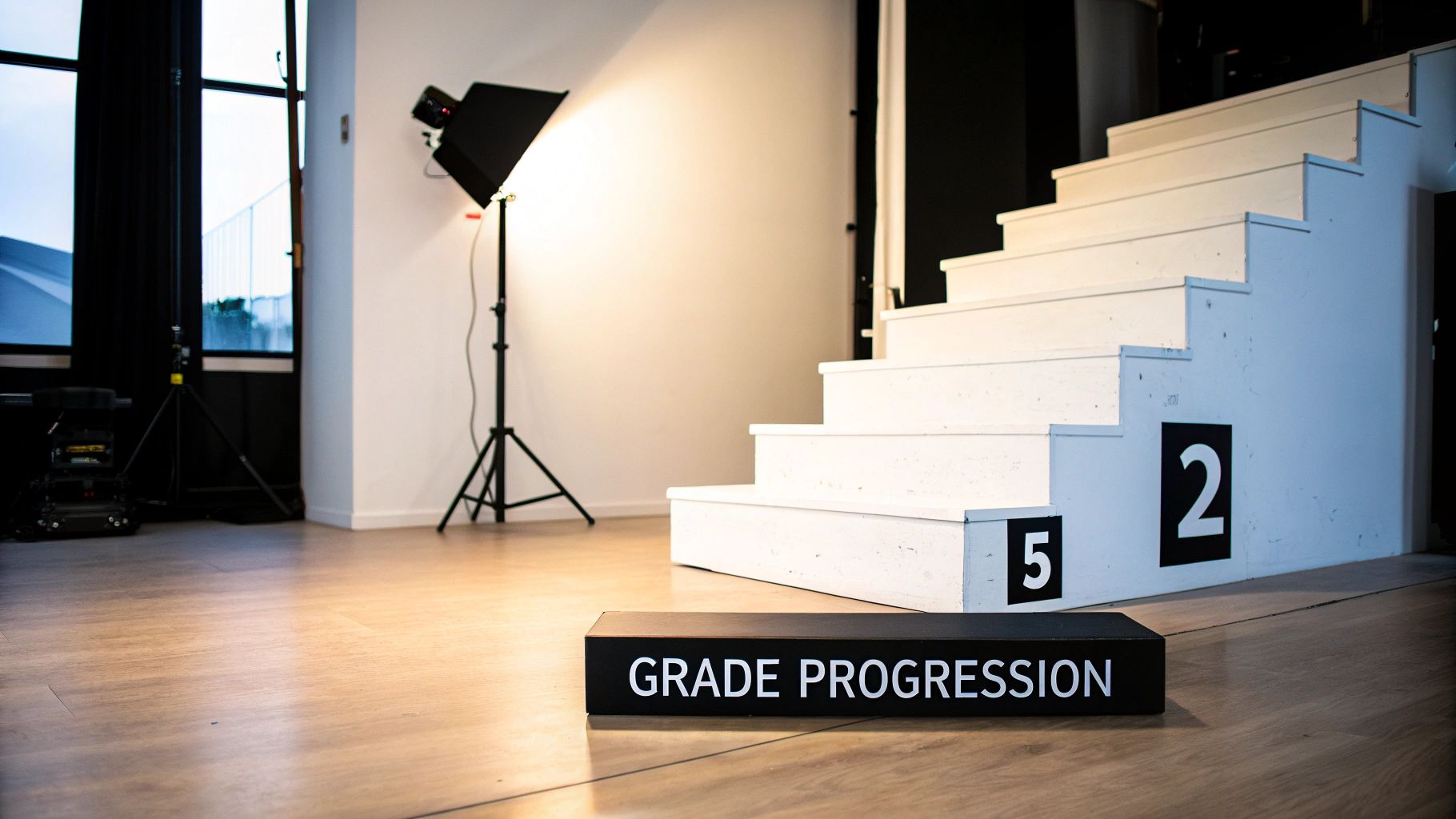 A studio set with white stairs displaying numbers 5 and 2, and a 'GRADE PROGRESSION' sign.