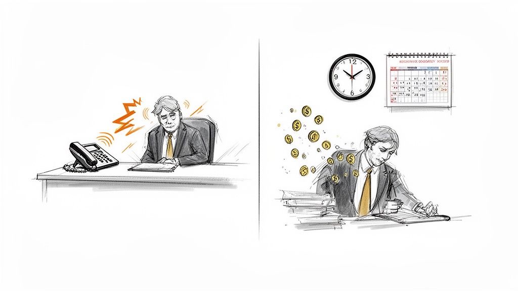 A two-panel image contrasting a stressed man with a ringing phone against a focused man earning money.