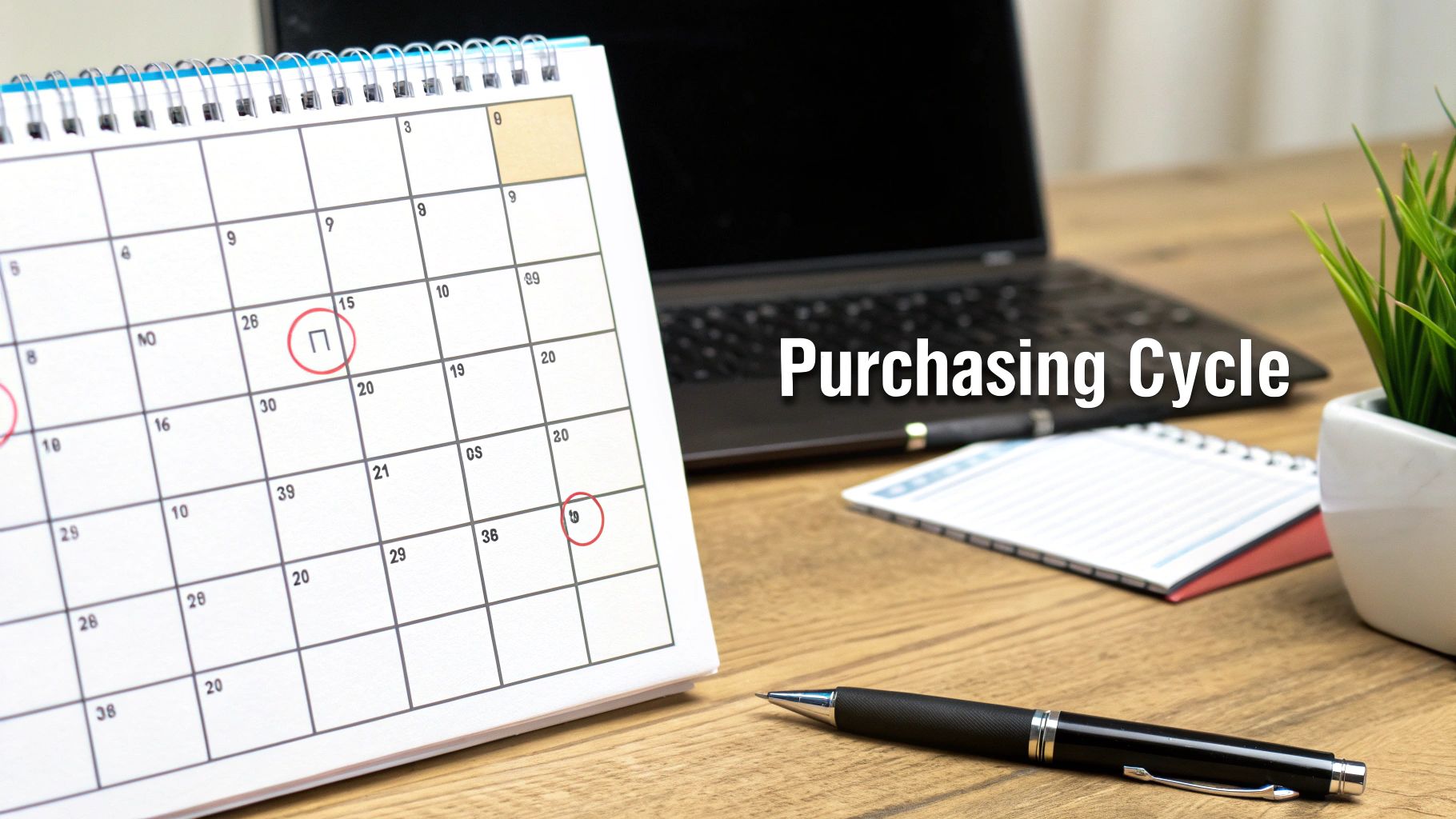A desk with a calendar showing dates, a laptop, pen, and text 'Purchasing Cycle'.
