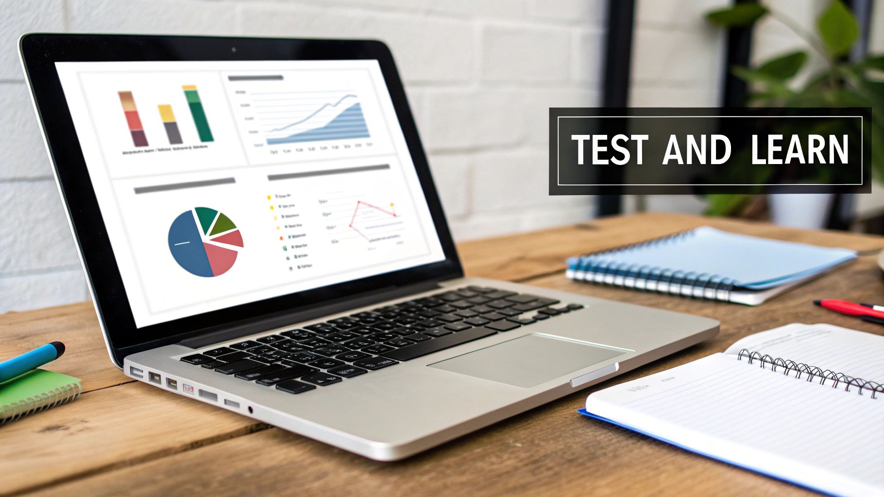 A laptop displays business charts and graphs on a wooden desk with notebooks and pens, featuring 'TEST AND LEARN' text overlay.