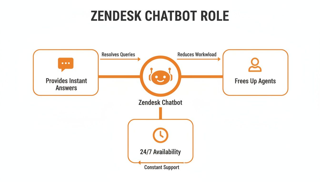 Infographic detailing the Zendesk chatbot's benefits: instant answers, query resolution, workload reduction, and 24/7 support.