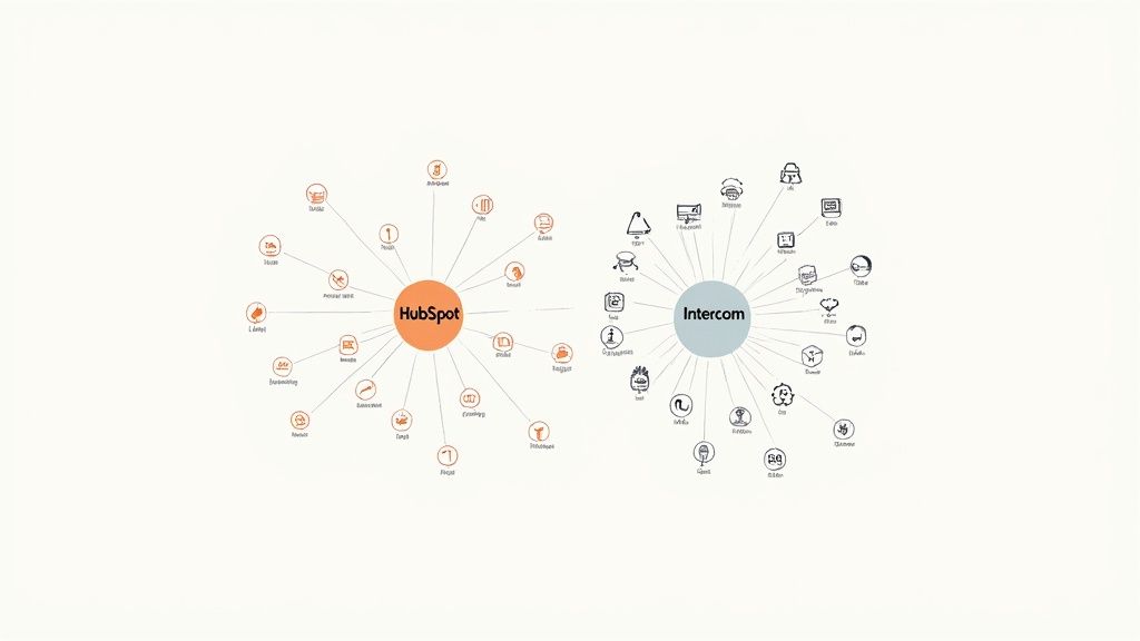 A diagram comparing the features and integrations of HubSpot and Intercom, showing their connected ecosystems.