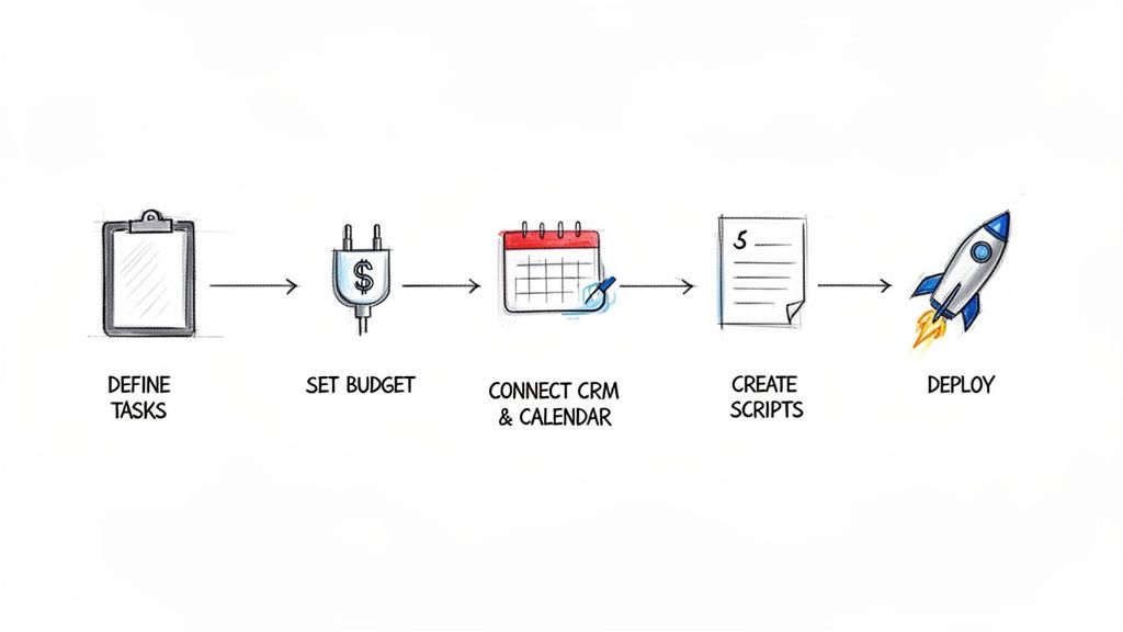 Illustrated flowchart showing steps to define tasks, set budget, connect CRM, create scripts, and deploy.