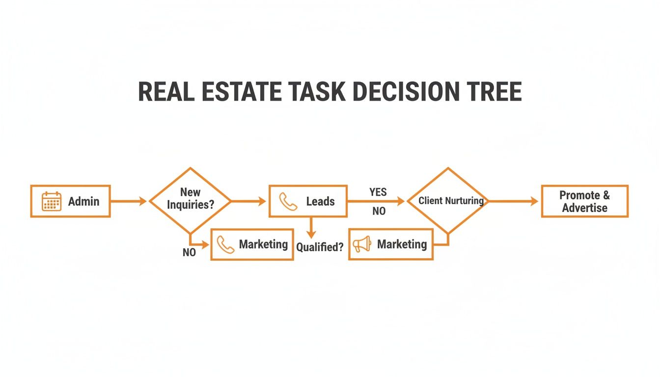 A real estate task decision tree flowchart showing steps from admin to leads, client nurturing, and marketing.