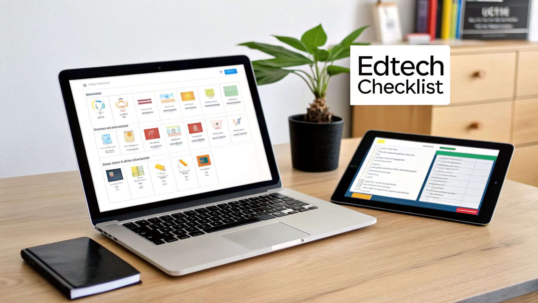 Workspace with a laptop, tablet showing a checklist, and notebook on a wooden desk, featuring 'Edtech Checklist' text.