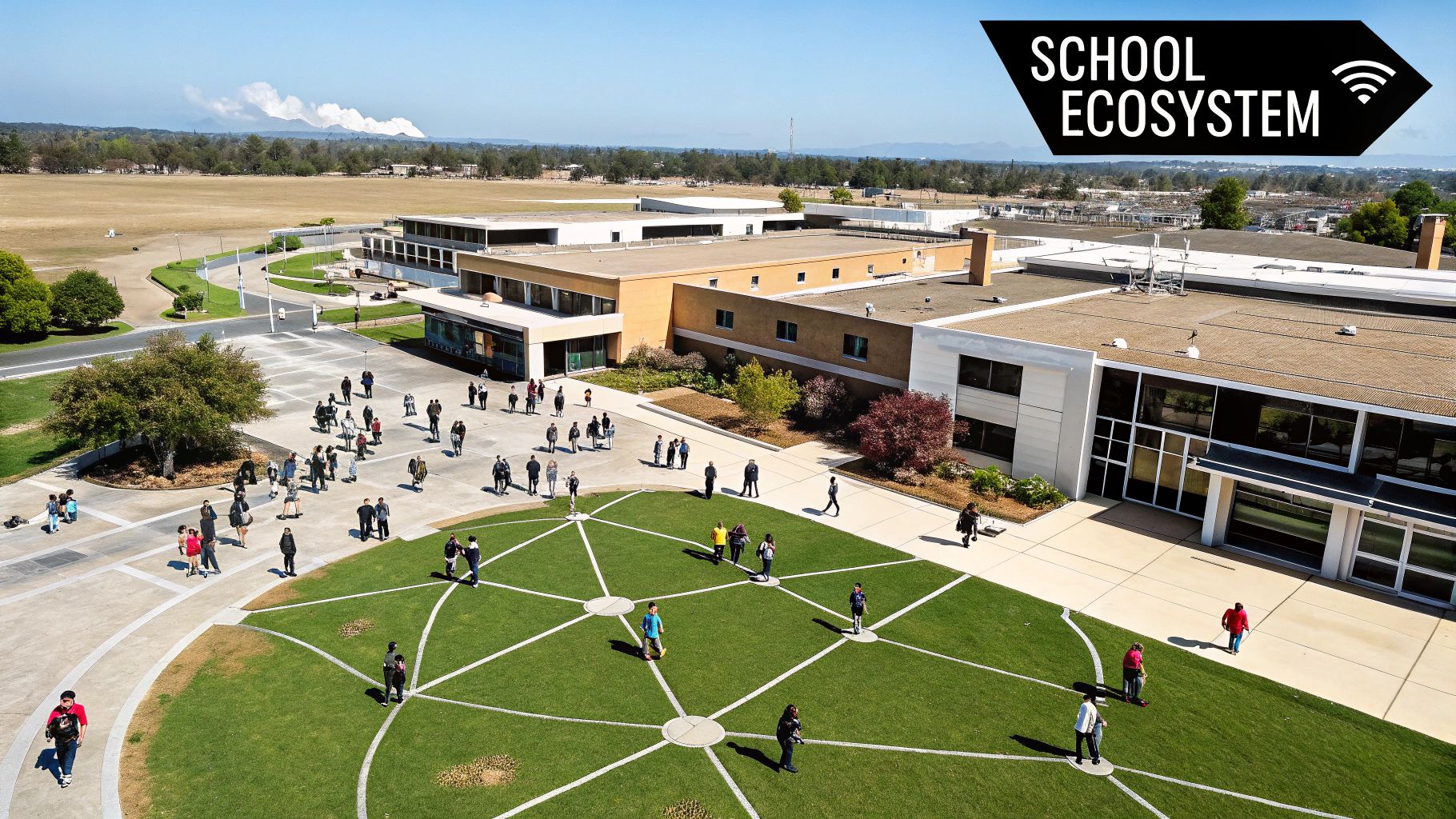 Aerial view of a vibrant school campus with students walking between modern buildings and a green lawn.