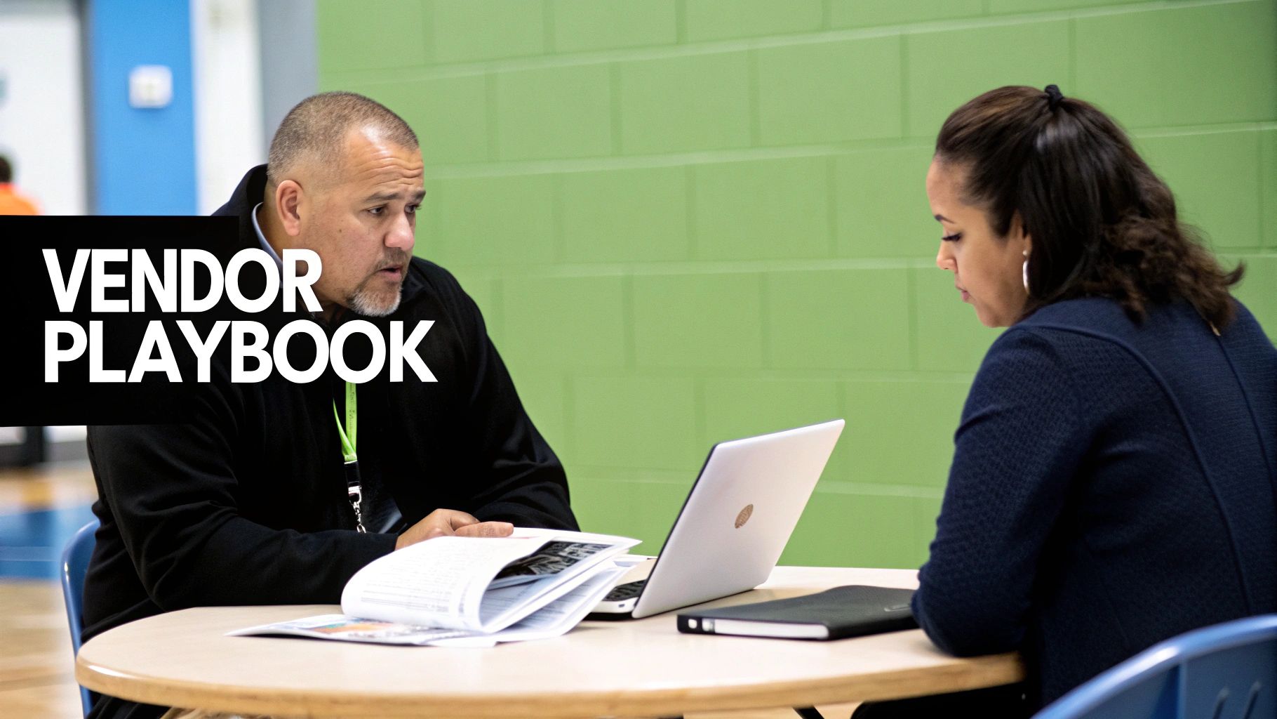 Two people at a table with a laptop and documents, discussing, with 'VENDOR PLAYBOOK' overlay.