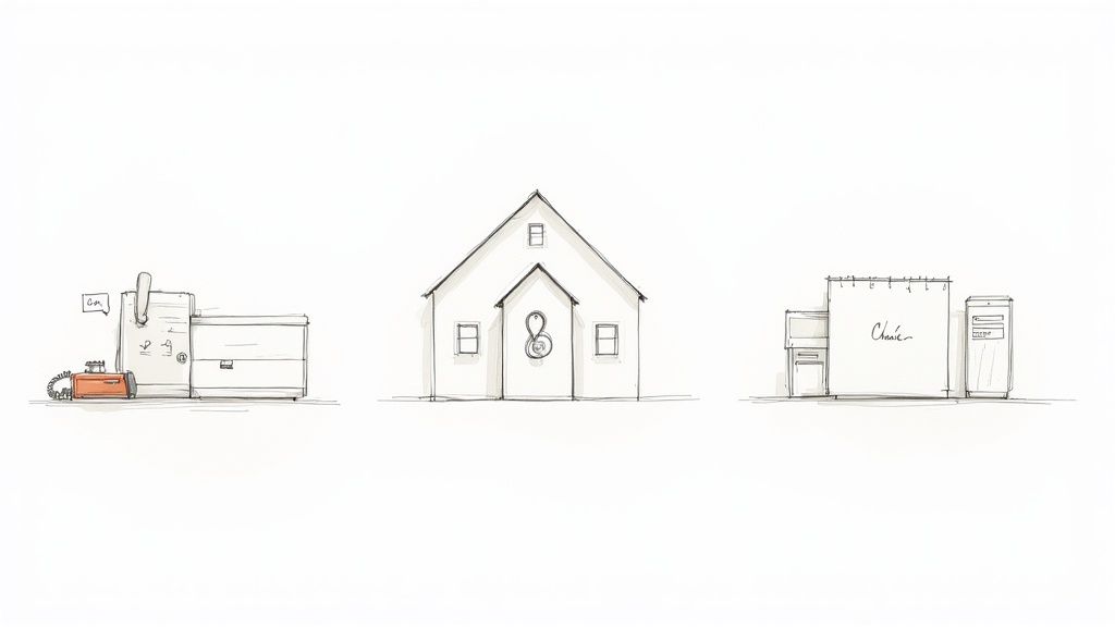 Sketches of an old phone, office equipment, a house, and a shower curtain.