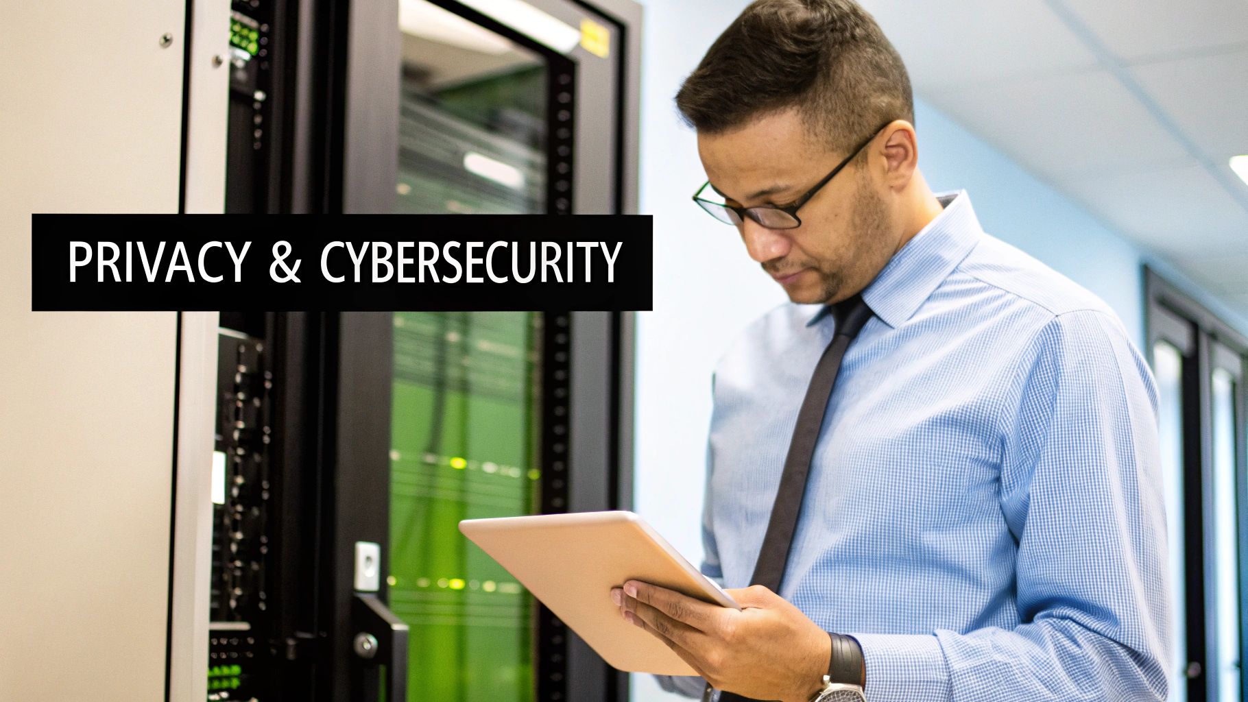 An IT professional reviewing data on a tablet in a server room, with 'PRIVACY & CYBERSECURITY' text.