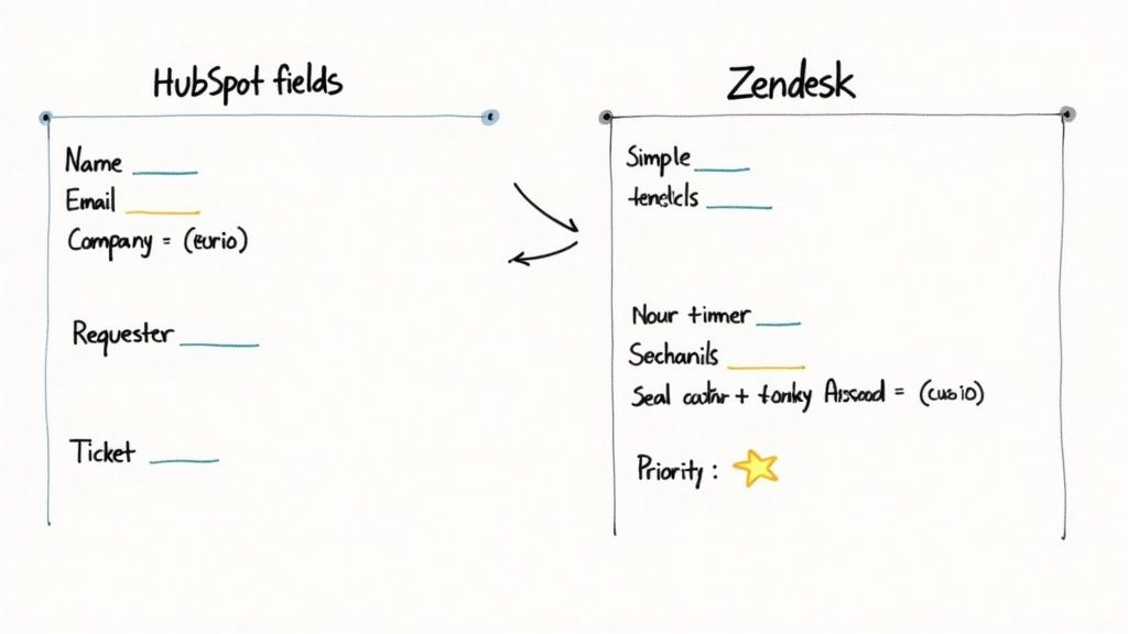 A whiteboard diagram shows fields in HubSpot and Zendesk, with arrows suggesting data mapping and integration between the platforms.