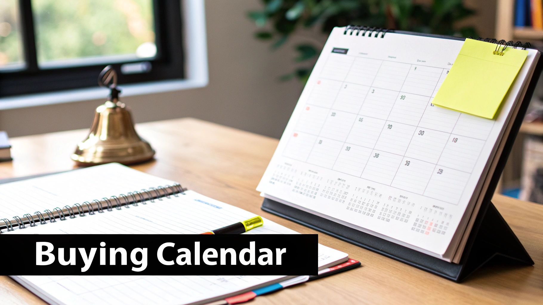 A desk with a calendar, notebook, pen, and bell, representing planning or a buying calendar.