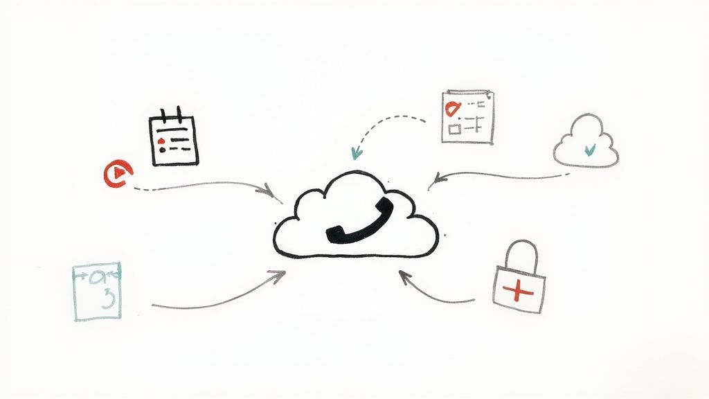 Diagram showing a cloud phone service connecting to calendar, tasks, storage, and security.