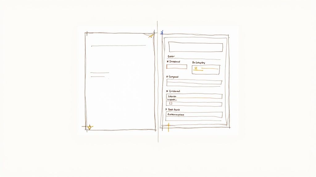 Hand-drawn wireframe sketch illustrating a form with various input fields and labels.